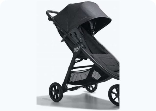 Black baby stroller with canopy and wheels.