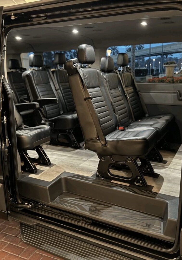 Black van interior with leather seats.